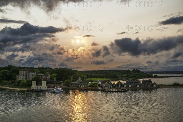 Sunset over Brownsea Castle, Brownsea Island, Poole, Dorset, England, United Kingdom, Europe