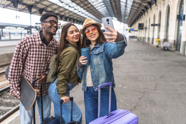 Three happy young tourists taking a selfie with a smartphone while waiting for their train, ready for their next adventure