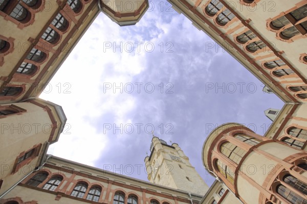 Inner courtyard of the town hall built in 1901, view upwards, perspective, tower, Dessau, Dessau-Roßlau, Saxony-Anhalt, Germany, Europe