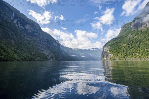 Atmospheric fjord landscape, Geirangerfjord with reflection, Møre og Romsdal, Norway, Europe