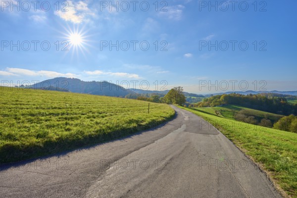 Winding road through sunny hilly landscape under a clear sky, Vöckelsbach, Mörlenbach, Bergstrasse district, Odenwald, Hesse, Germany, Europe