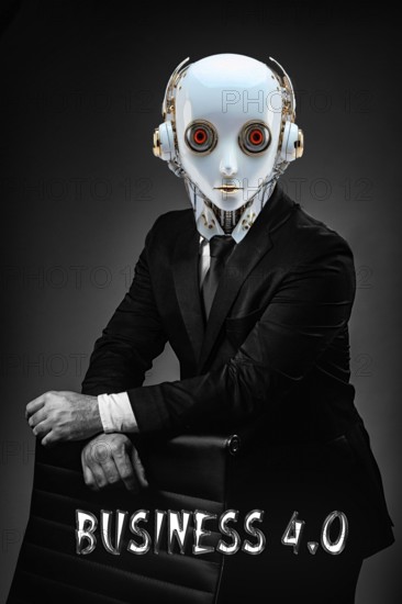 Symbol photo, Business 4.0 as a humnoid robot, ChatGBT, AI, AI, OpenAI, chatbot, artificial intelligence, artificial intelligence, IT system, computer science, IT technology, computer system, software, Microsoft, silicon brain, thinking machine, creativity, new wonder of the world, Einstein replacement, problem intelligence, AI research, language robot, algorithm, AI danger