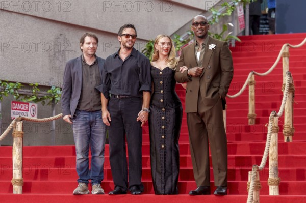 Director Gareth Edwards, Jonathan Bailey, Scarlett Johansson and Mahershala Ali at the German premiere of the adventure film Jurassic World, the rebirth at Berlin's Zoo Palast on 18 June 2025