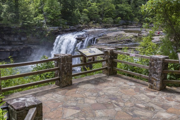 Sign at the observation deck provides informatino about the Little River Falls in Little River Canyon Falls Park near Ft. Payne, Alabama