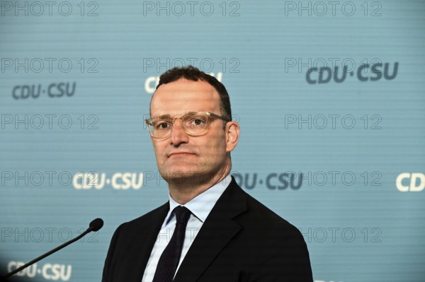 The Chairman of the CDU/CSU parliamentary group, Jens Spahn (CDU), and his deputy Alexander Hoffmann (CSU) at the weekly press statement in front of the parliamentary group meeting room in the Reichstag. This time it was about the expert opinion on the purchase of masks, among other things