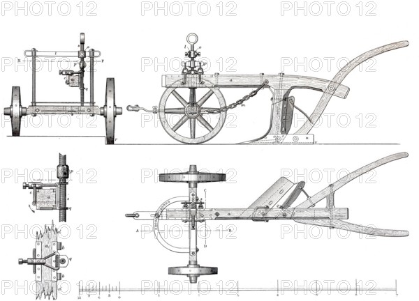 Cart plough without guide, by E. Schwartz, historical, digitally enhanced reproduction of a model from around 1860