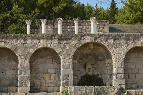 Ancient ruins with arches and columns, surrounded by forest and vegetation, retaining wall with arcades, Asklipion, Asklepieion, healing temple, temple, Hippocrates, Kos, Dodecanese, Greek Islands, Greece, Europe