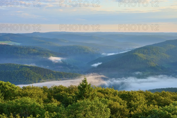 Green wooded hills, light mist in the valleys, calm blue sky, Katzenbuckel, Waldbrunn, Neckar-Odenwald-Kreis, Odenwald, Baden-Württemberg, Germany, Europe