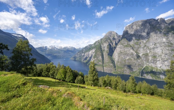 View of the idyllic fjord landscape of the Geirangerfjord at Blomberg Gård, near Geiranger, Møre og Romsdal, Norway, Europe