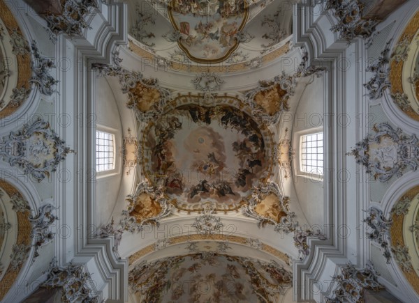 Vaults with ceiling frescoes in the baroque Basilica of St Alexander and Theodor, Ottobeuren Monastery, Ottobeuren, Unterallgäu, Bavaria, Germany, Europe