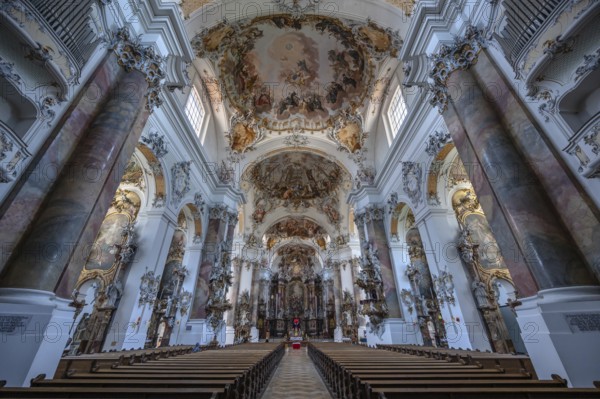 Interior of the baroque Basilica of St Alexander and Theodor, Ottobeuren, Unterallgäu, Bavaria, Germany, Europe