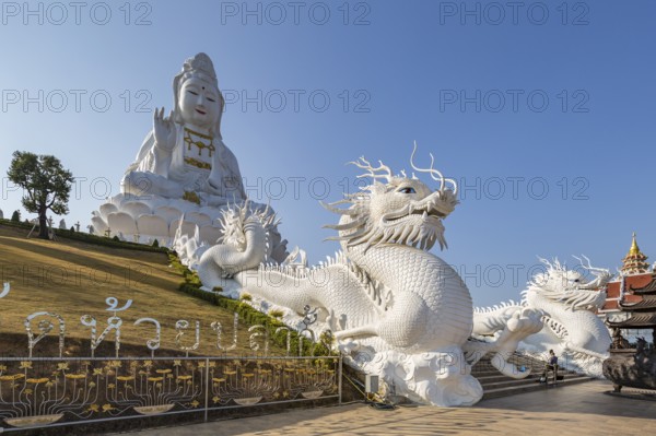 Chinese dragons line the steps up to the Guan Yin (Goddess of Mercy) statue at Wat Huay Pla Kang Temple in Chiang Rai province of Northern Thailand