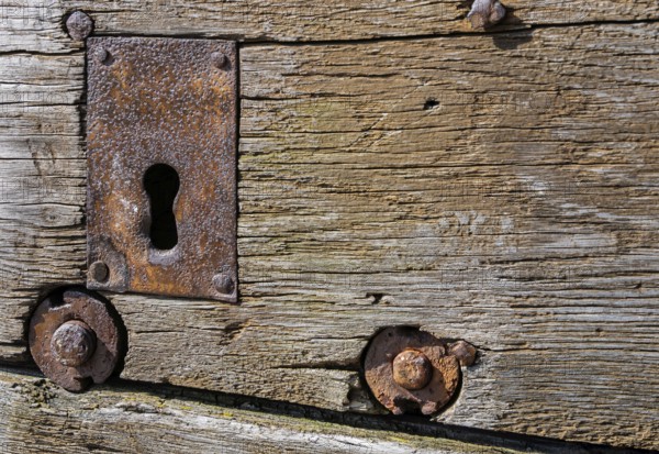 Weathered old Tor tor with rusty iron fittings, Germersheim Fortress, Palatinate, Rhineland-Palatinate, Germany, Europe
