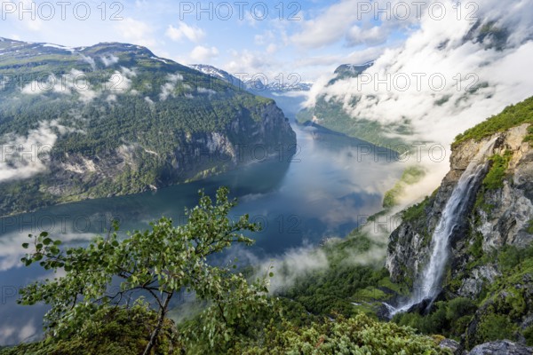Gjerdefossen waterfall, at Ørnesvingen viewpoint, atmospheric clouds over the fjord in the morning light, at Geirangerfjord, near Geiranger, Møre og Romsdal, Norway, Europe