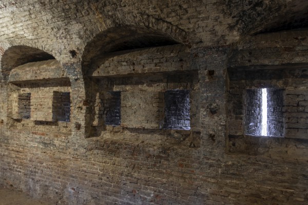 Rifle ports inside caponier at Fort Napoleon, polygonal fort of the Napoleonic era in the dunes at Ostend, Oostende, West Flanders, Belgium, Europe