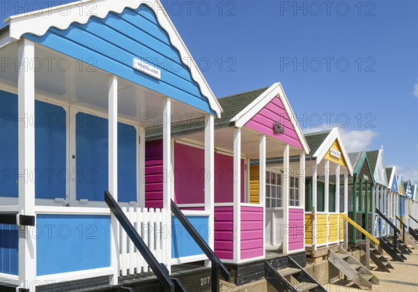 Seaside beach huts on the seafront at Southwold, Suffolk, England, UK