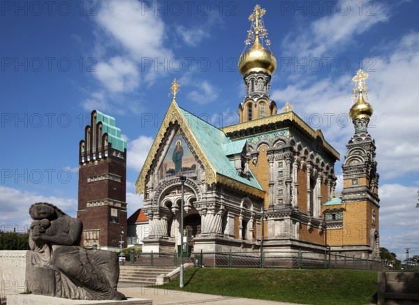Mathildenhöhe with Russian Chapel and Art Nouveau figure and Wedding Tower Darmstadt Germany