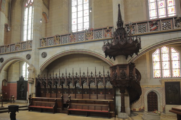 Choir stalls with decorations, wood carving, arts and crafts, UNESCO, castle church, castle, Luther city Wittenberg, Fläming, Saxony-Anhalt, Germany, Europe