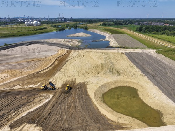 Haltern-Marl, North Rhine-Westphalia, Germany - Lippe, flood protection in the Haltern-Lippramsdorf-Marl area (HaLiMa) . Flood protection on the River Lippe by relocating the dyke and thus extending the floodplain. Marl Chemical Park at the back