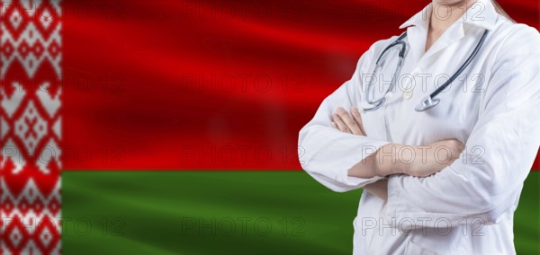 Doctor with crossed arms on Belarus flag. Belarus health and care concept. Female doctor on Belarus flag