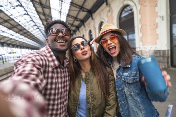 Three happy young tourists are taking a selfie on a train station platform, excited for their next adventure