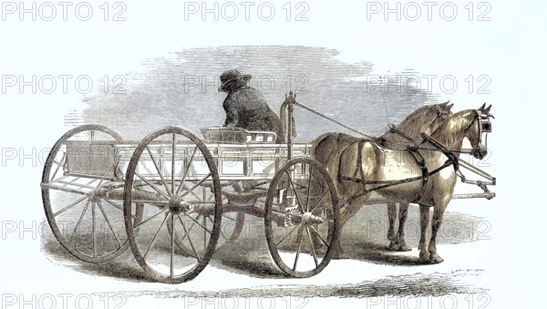 An automatic rein holder on the carriage of a team of horses, which forces the horses to stop when the coachman dismounts, America around 1870, Historical, digitally enhanced reproduction of a model from around 1860