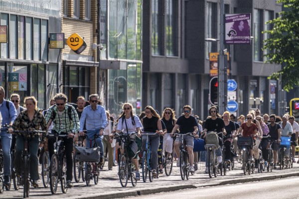Central cycle path on the Lange Viestraat, lanes for pedestrians, cyclists and local traffic are separated in the city centre, dense traffic, no car/truck traffic, Utrecht, Netherlands
