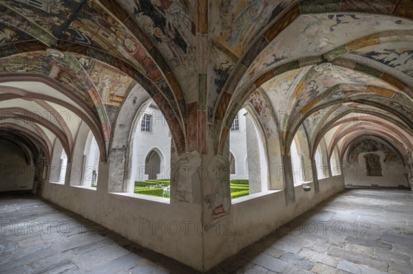 Cloister with frescoes from around 1370, collegiate basilica, Neustift St Margarethen, Vahrn, district of Bolzano, South Tyrol, Italy, Europe