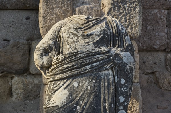 Close-up of a headless stone statue in a landscape of ruins, torso of a statue of a god, Asklipion, Asklepieion, healing temple, temple, Hippocrates, Kos, Dodecanese, Greek Islands, Greece, Europe
