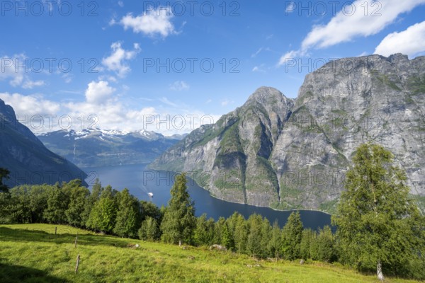 View of the idyllic fjord landscape of the Geirangerfjord at Blomberg Gård, near Geiranger, Møre og Romsdal, Norway, Europe