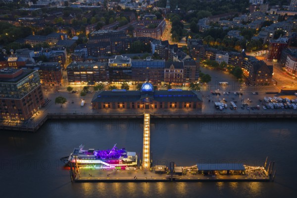 Aerial view of the Altona fish market in the harbour at blue hour, Hamburg, Germany, Europe