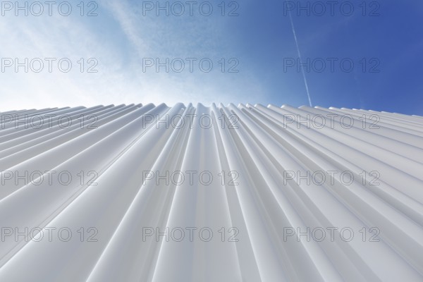 Modern white façade made of corrugated acrylic glass, Plexiglas, SANAA production hall, architect Kazuyo Sejima and Ryue Nishizawa, Vitra Campus, Vitra Design Museum, Weil am Rhein, Baden-Württemberg, Germany, Europe