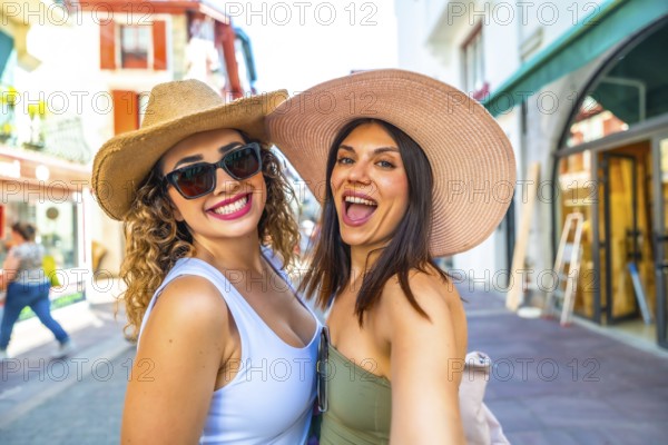 Two female tourists are taking a selfie while walking down a city street during their summer vacation