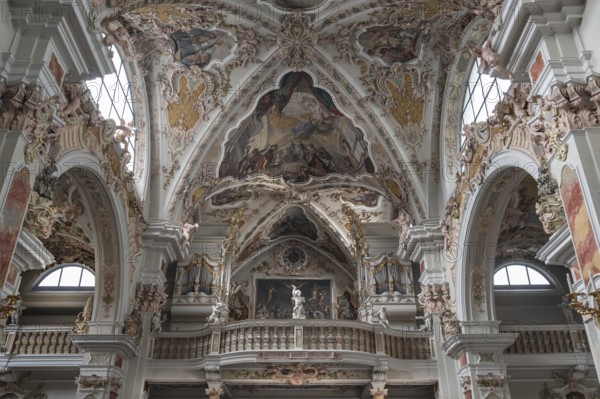 Organ loft of the collegiate basilica, Neustift St Margarethen, Vahrn, district of Bozen, South Tyrol, Italy, Europe
