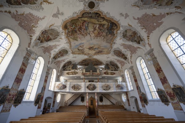 Organ loft of the baroque church of St Peter and Paul, Thalstr .31, Peterstahl, Oy Mittelberg, Oberallgaü, Bavaria, Germany, Europe
