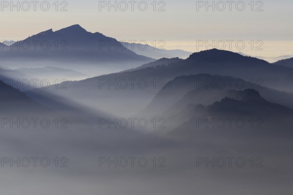 Mountain silhouettes... Alpine peaks and mountain ranges, Bavarian Alps, romantic view from Oberstdorf towards Kleinwalsertal, Allgäu Alps, Allgäu, Oberstdorf, Bavaria, Germany, Western Europe, Europe