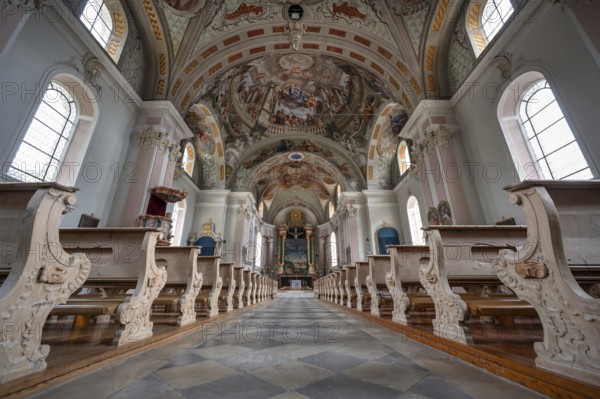 Interior with ceiling frescoes in the domed vault, Heilger Pankratius church, Bahnstraße 1, Telfes im Stubai, Austria, Europe