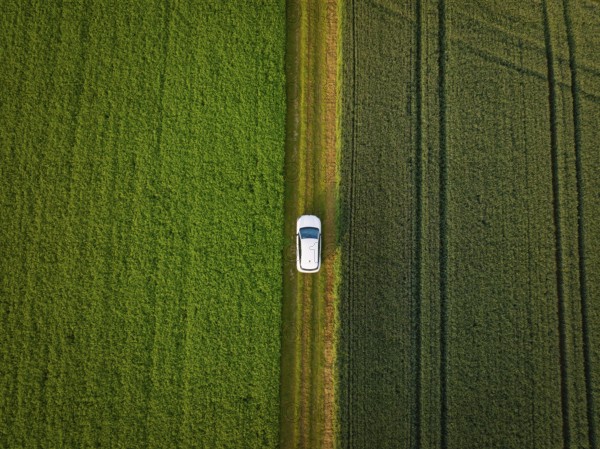 Car on a narrow path between two neighbouring green fields from the air, Deer E- CarSharing, Renault Megane electric car, Calw, Black Forest, Germany, Europe
