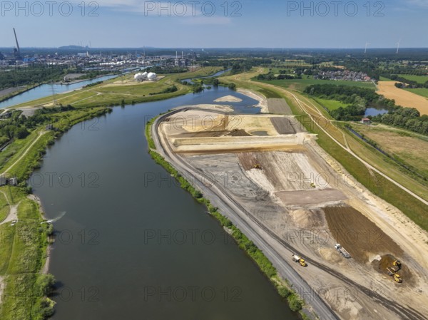 Haltern-Marl, North Rhine-Westphalia, Germany - Lippe, flood protection in the Haltern-Lippramsdorf-Marl area (HaLiMa) . Flood protection on the River Lippe by relocating the dyke and thus extending the floodplain. Marl Chemical Park at the back
