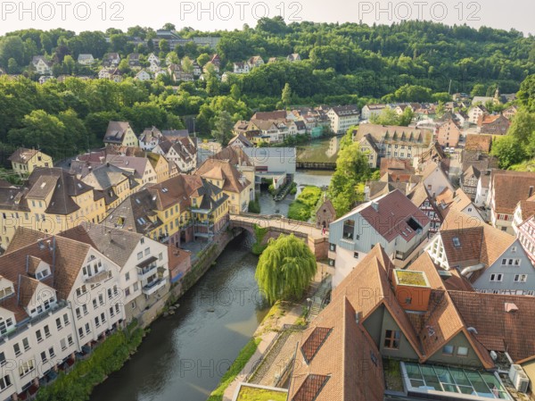 Idyllic old town with a river and green landscape in the background, Calw, Black Forest, Germany, Europe