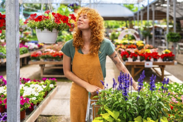 Redhead woman gardener smelling red petunias while pushing a cart in a colorful greenhouse full of flowers