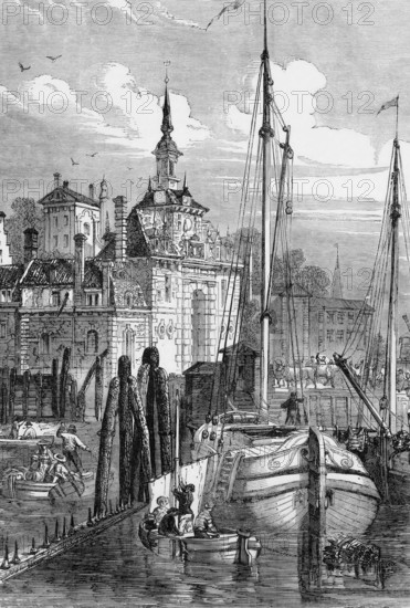 The harbour of Rotterdam in 1820 in the Netherlands, digital reproduction of a historical model