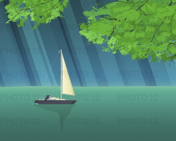 Sailing yacht smooth sailing over calm waters, green trees and sun rays composition, graphic design background illustration