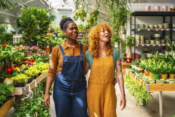 Two young women walking arm in arm through a garden center, discussing their work among vibrant plants and colorful flowers