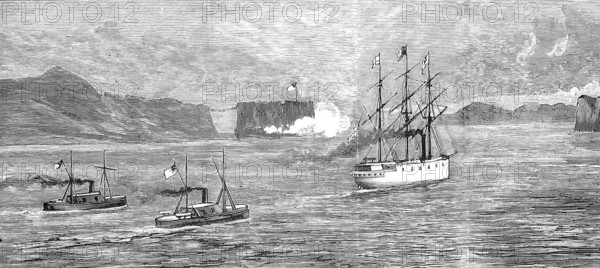 The Golden Gate at San Francisco, HMS Comus leaves the harbour accompanied by General McDowell, America, Historical, digitally enhanced reproduction from an original around 1860