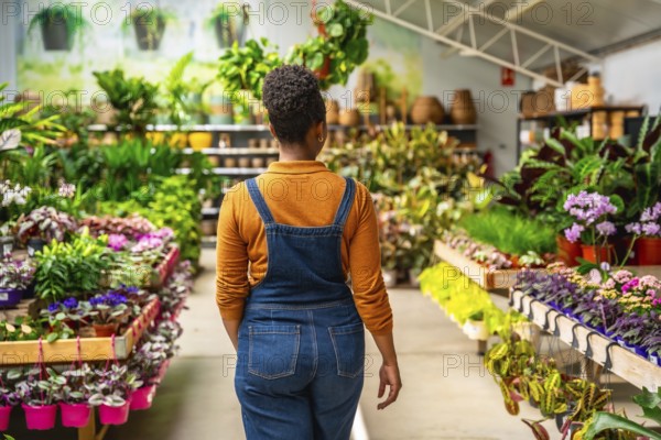 Gardener walking through a vibrant greenhouse, carefully selecting a variety of flourishing plants and colorful flowers for cultivation