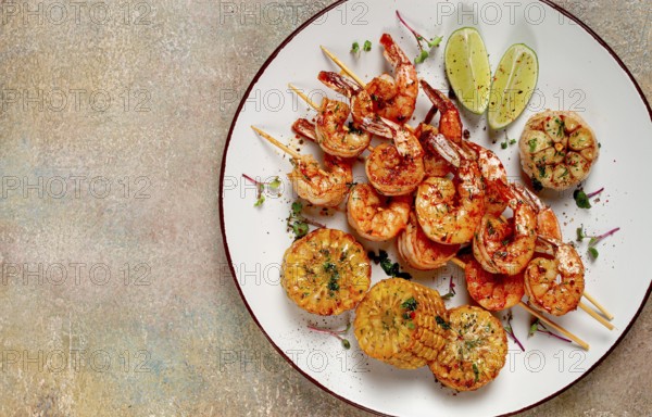 Tiger prawns on skewers, shrimp kebab, with corn, fried, homemade, no people