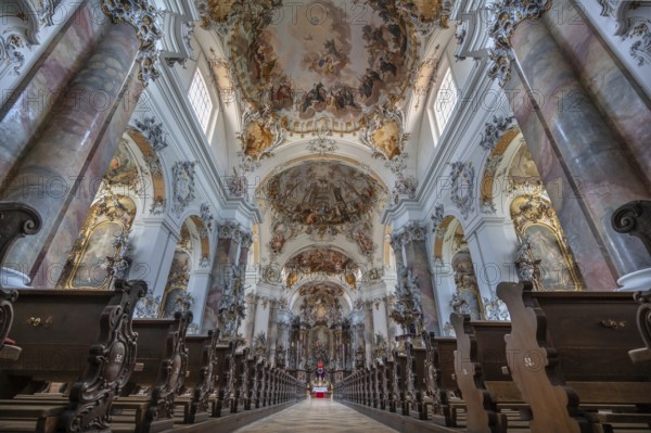 Interior of the baroque Basilica of St Alexander and Theodor, Ottobeuren Monastery, Ottobeuren, Unterallgäu, Bavaria, Germany, Europe