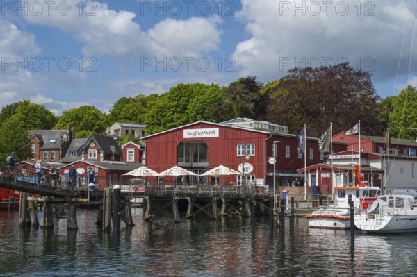 Bascule bridge and building, sea rescue, harbour, Eckernförde, Baltic Sea, Schleswig-Holstein, Germany, Europe