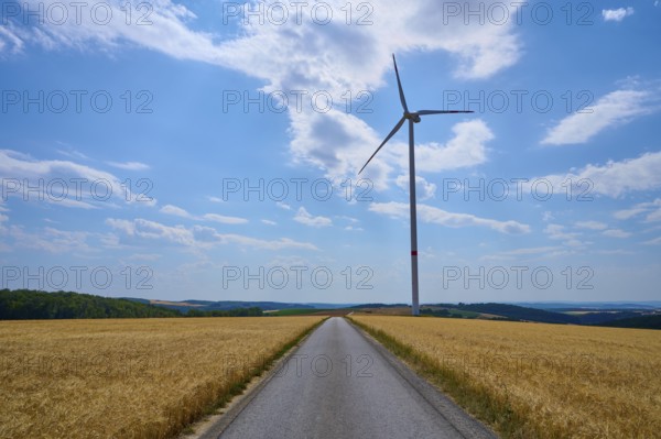 Rural landscape with wind turbine and cornfield and road under blue sky, summer, Retzstadt, Main Spessart district, Bavaria, Germany, Europe